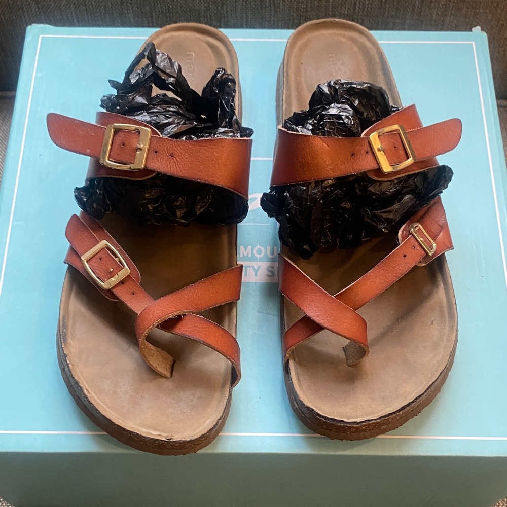 Madden Girl Tan Leather Sandals with Buckle Accents